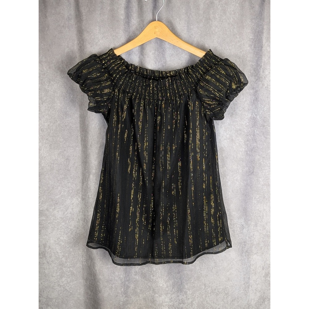 Express Womens Off The Shoulder Smocked Blouse Black Gold Metallic Stripe Small‎
